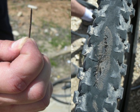 On the left is the nail that stabbed my tire (repeatedly) and on the right is what Evan's treads looked like