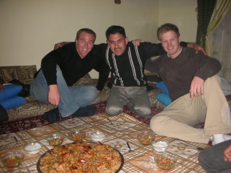 Aaron, Heasham, and Jeff enjoy the "picnic dinner" of kibseh