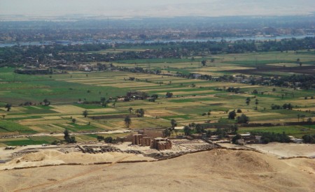 View from the top of the mountain, looking down into the valley over the top of the Ramesseum (foreground)