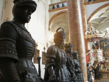 The left bank of bronze statues in the Hofkirche, looking towards the alter