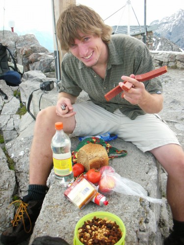 Captain Jerky Fingers shows off the mountain lunch spread