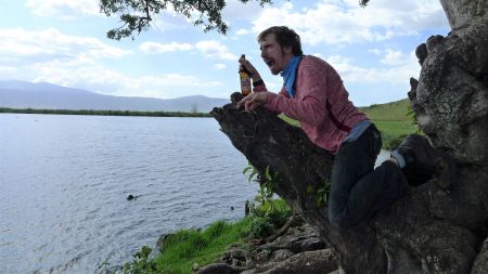 A wild animal stops for a drink at the crater's lake