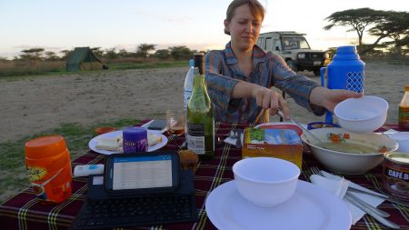 Dinner, wine, good company, and blog-writing on a phone.